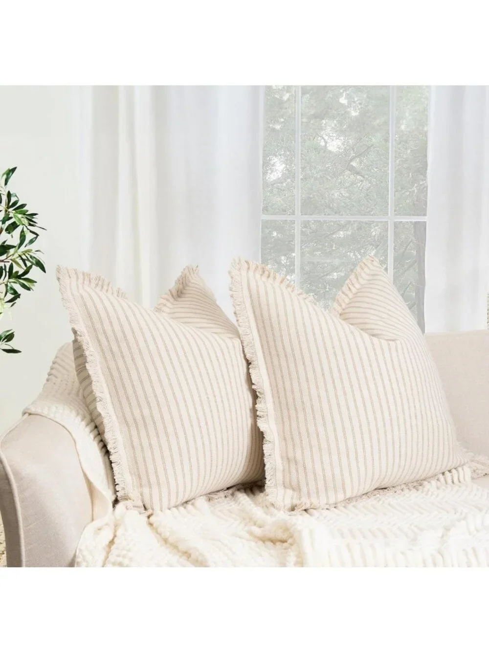 Chic Striped Throw Pillow Covers 24x24 Set of 2 with Fringe for Sofa & Bed Decor